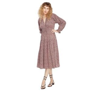 LACAUSA Brown Dama Mushroom Print Cotton Midi Dress Smocked Waist Keyhole XS